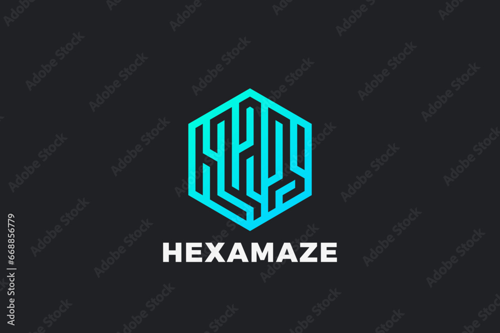 Hexagon Logo Technology Abstract Design Vector. Communication Network Geometric Labyrinth Fingerpring Logotype concept app icon. Hexagon Logo Technology Abstract Design Vector. Communication Network Geometric Labyrinth Fingerpring Logotype concept app icon.