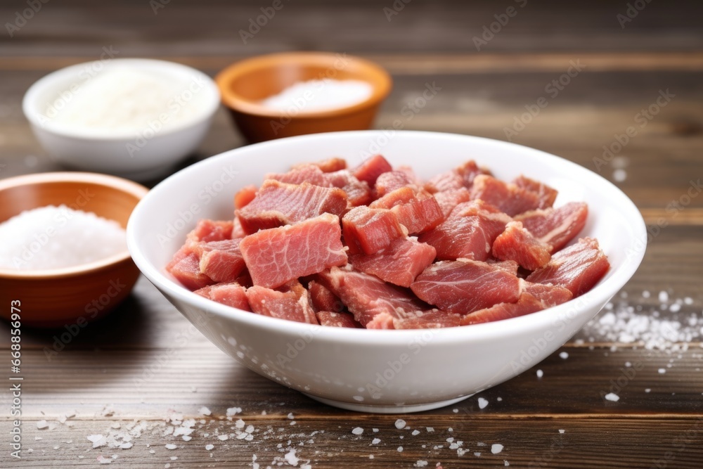 white bowl with bbq brisket slices and coarse sea salt