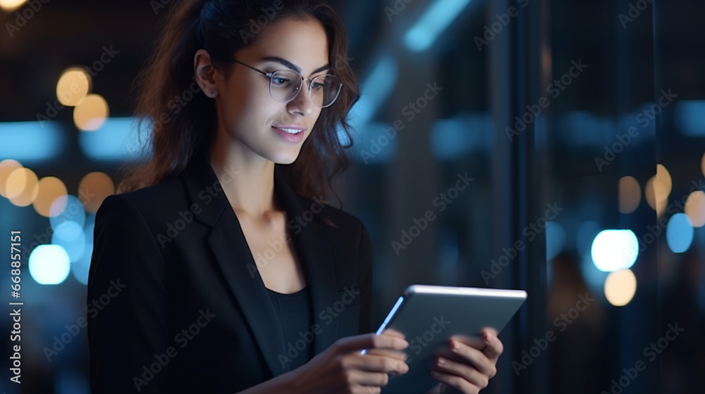 A professional businesswoman reviewing project details on a digital tablet