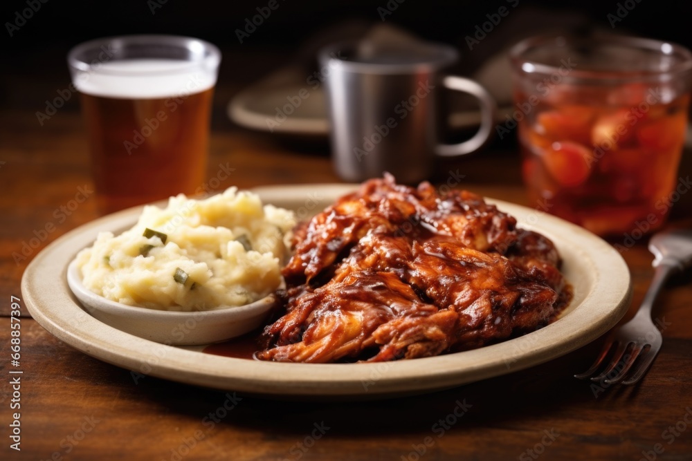 bourbon bbq pulled chicken with a side of mashed potato bourbon bbq pulled chicken with a side of mashed potato