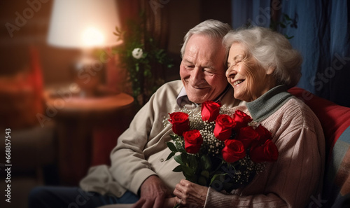 Senior man giving flowers to wife. Grandpa gives flowers to grandma. happy longevity, an elderly couple in a trendy . concept on the theme of the day of the elderly, the day of grandparents. © annebel146