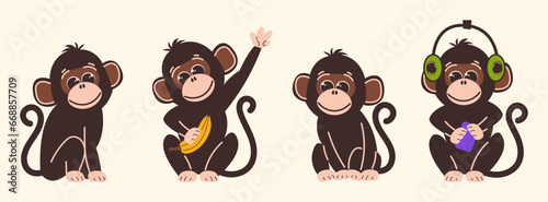 Set of Cute Monkeys Characters in Flat Style. Vector illustration of funny monkey mascots in different poses.