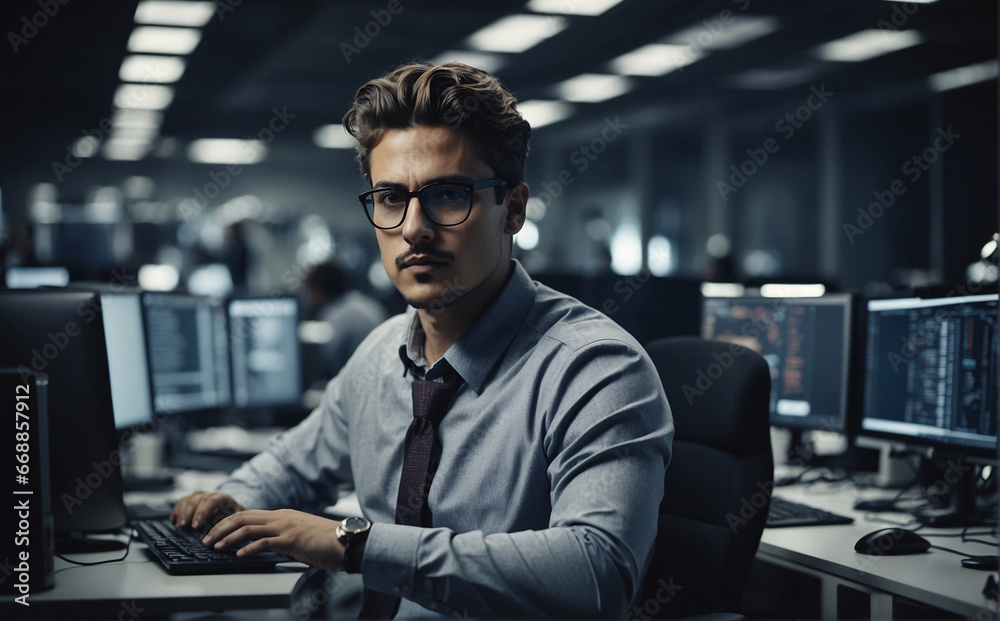 Obraz premium In a modern office filled with multiple monitors, an IT specialist is intently writing code for an artificial intelligence project. The man with glasses is completely devoted to his work