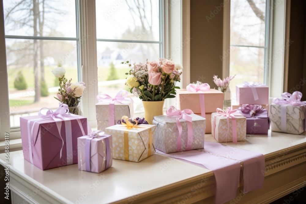 beautifully arranged bridal shower present table