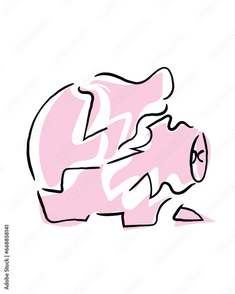 Naklejka premium Hand drawn line art vector of house bankruptcy. Broken Piggy bank art. Debt and increasing cost of living crises all around the world.