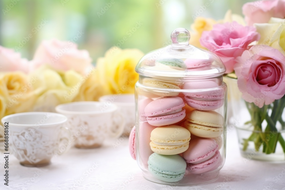 a table with pastel-colored macarons in a glass jar a table with pastel-colored macarons in a glass jar