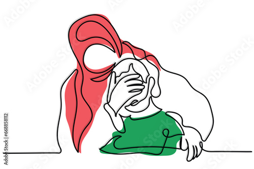 hand drawn line art vector of a woman in hijab blocking her child's eyes. Gazan people and childhood there.
