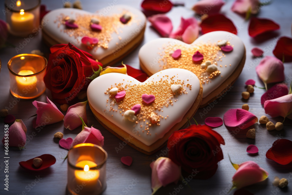 Heart-shaped cream cakes for valentine's day on a festive table with candles and flowers Heart-shaped cream cakes for valentine's day on a festive table with candles and flowers
