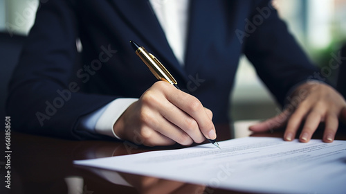 A close-up of a businesswoman's hand signing an important document © Ricardo Costa