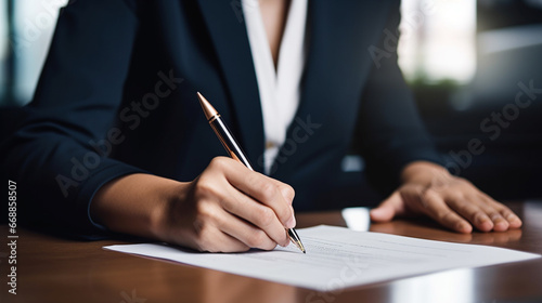 A close-up of a businesswoman's hand signing an important document
