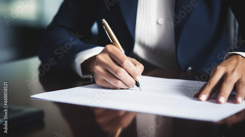 A close-up of a businesswoman's hand signing an important document