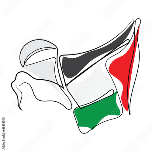 hand drawn continuous line art vector of a muslim woman in gaza holding palestinian flag and making a sign of victory. Support a peaceful settlement. Palestinian Rights. Muslim nations unity.