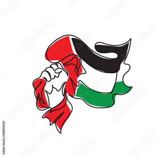 hand drawn continuous line art vector of a muslim woman in gaza holding palestinian flag and making a sign of victory. Support a peaceful settlement. Palestinian Rights. Muslim nations unity.