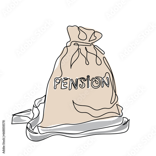 bag of money. hand drawn line art vector of Money bag with the word Pension and tape measure. Fall reduction pension payments. Retirement. Financing retirees.
