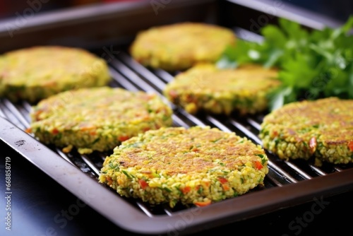 hearty chickpea and couscous veggie burger patty flip on griddle