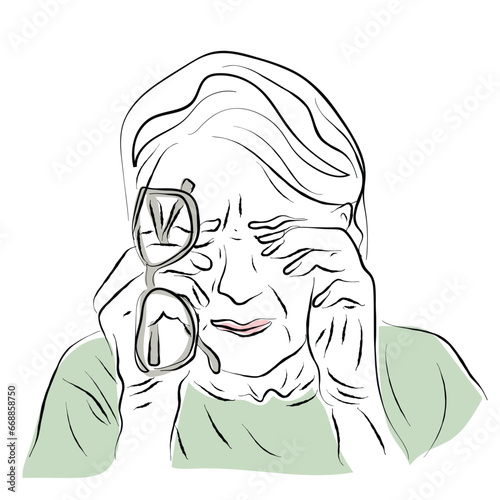 Hand drawn line art of Unhealthy elderly woman take off glasses massage eyes suffering from strong migraine or headache, unwell sick senior female grandmother struggle with blurry vision or dizziness