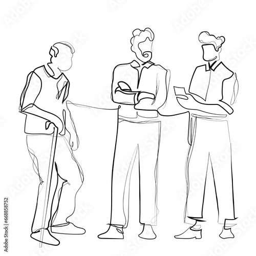 continuous hand drawn line art vector of two young men standing with elderly man.