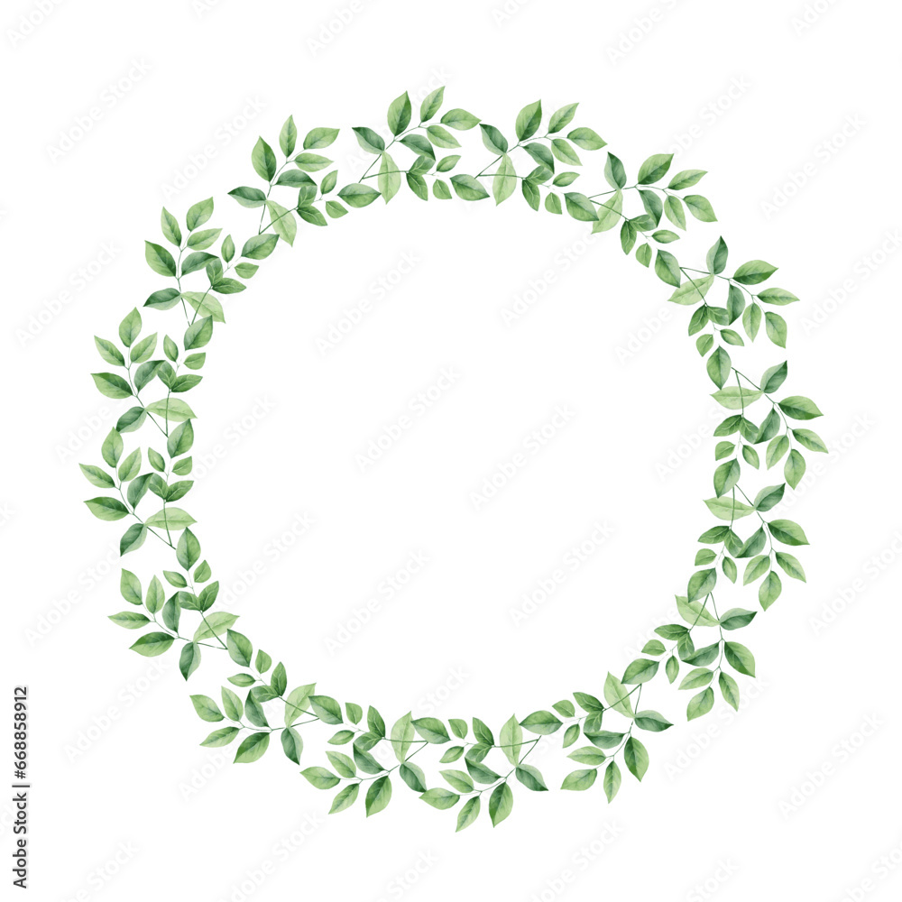 green leaves herb plant wreath round frame watercolor paint on white background green leaves herb plant wreath round frame watercolor paint on white background