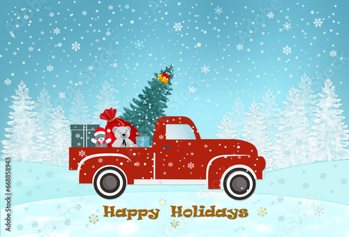 Winter holiday greeting card with Christmas red truck , pine tree, toys, and presents on snowy road .Free copy space .