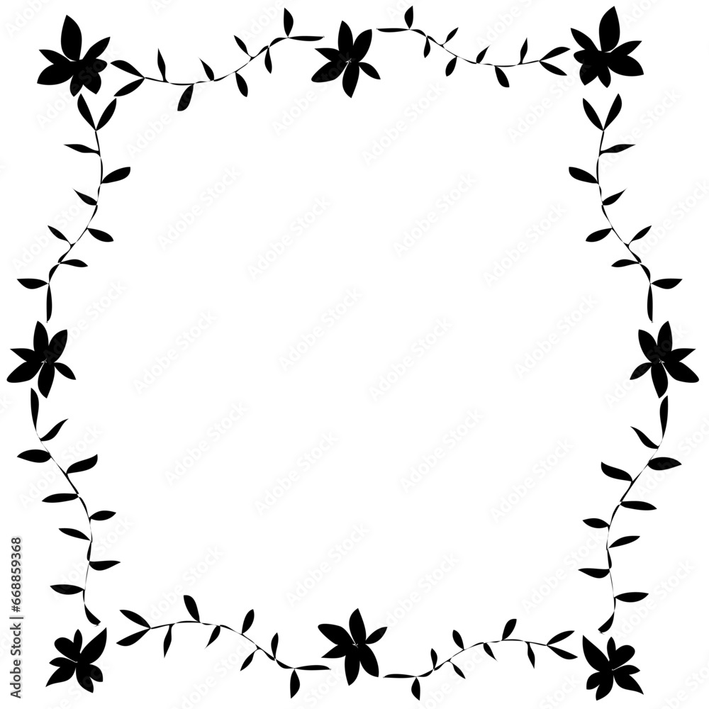 Hand drawn vector frame in linear style in the form of black flowers and leaves on a white background