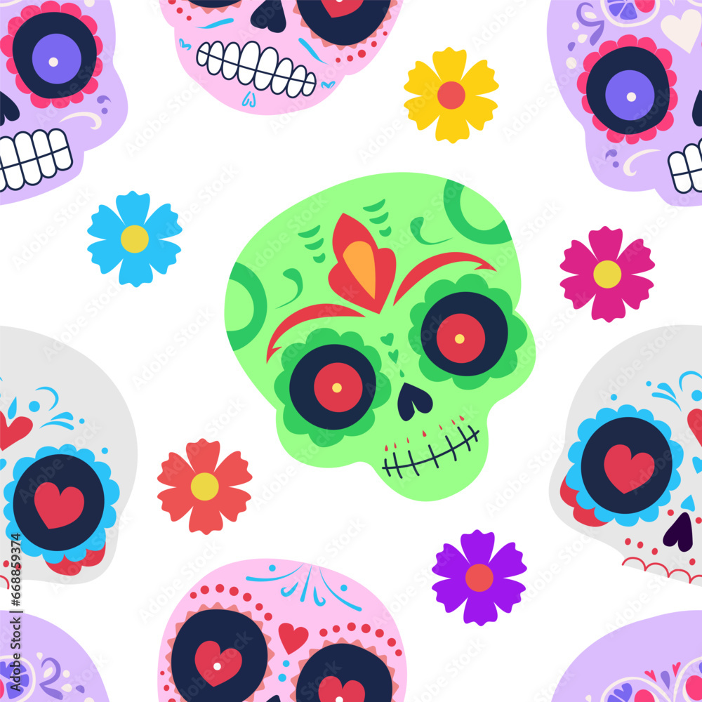 Day of the Dead skull pattern. Dia de los muertos print. Day of the dead and mexican Halloween texture. Mexican tradition festival. fiesta, holiday poster, party flyer, funny greeting card