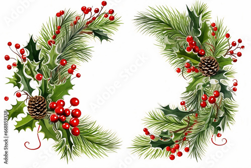 Holiday Festive Background - Frame of Fir Branches, Holly Berries, and New Year elements