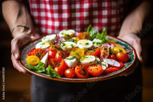hand holding a platter with caprese salad