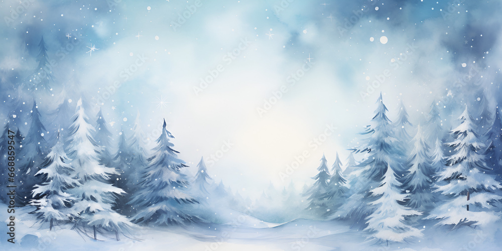 Watercolor illustration background with winter wonderland forest