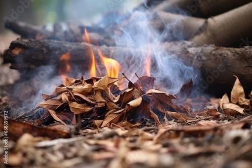 close-up of burning dry leaves, thick smoke