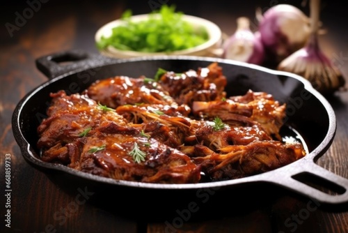 pulled pork on a cast-iron pan filled with bubbling vinegar sauce