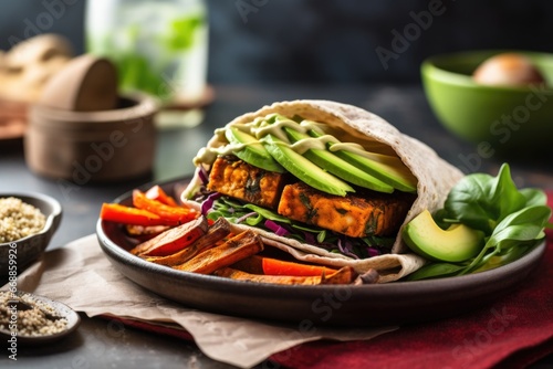 vegan burger with avocado and sweet potato fries