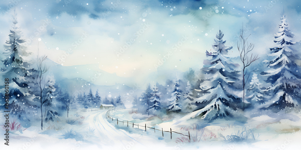 Watercolor illustration background with winter wonderland forest