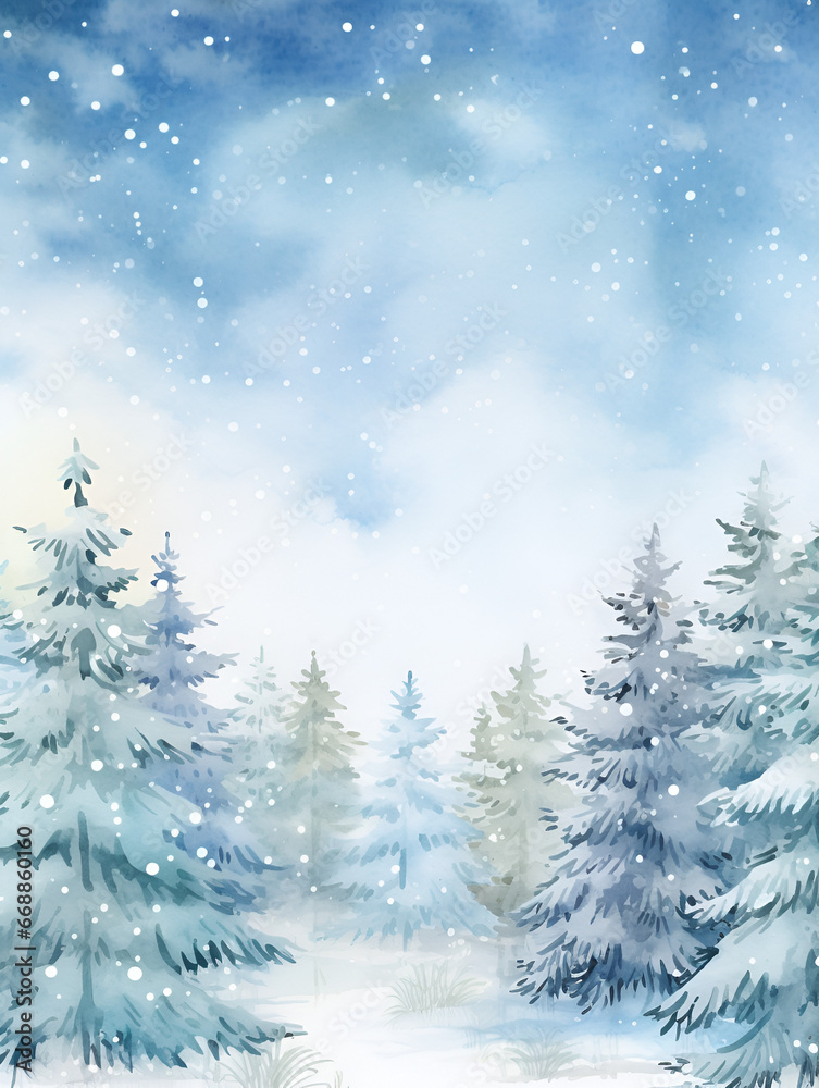 Obraz premium Watercolor illustration background with winter wonderland forest