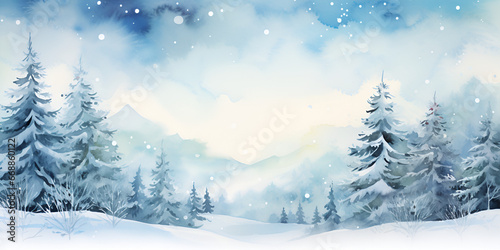 Watercolor illustration background with winter wonderland forest