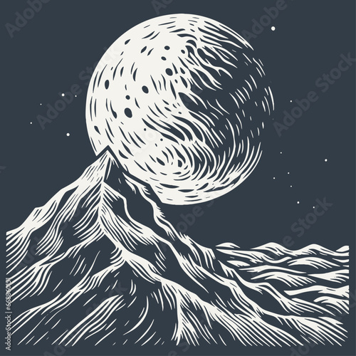Mountain landscape with moon in the background. Vintage woodcut engraving style hand drawn vector illustration.