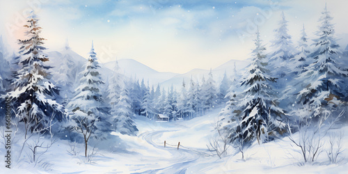 Watercolor illustration background with winter wonderland forest © TatjanaMeininger