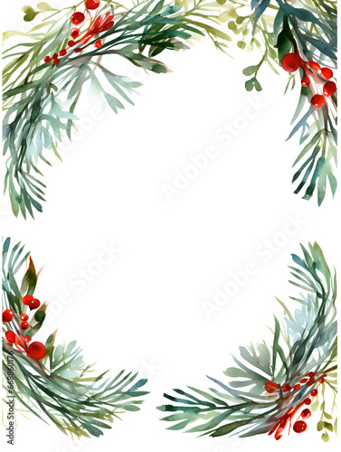 Christmas watercolor frame with greens, red flowers and berries. White copy space inside