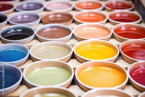 close-up of different glaze colors in bowls at ceramic studio