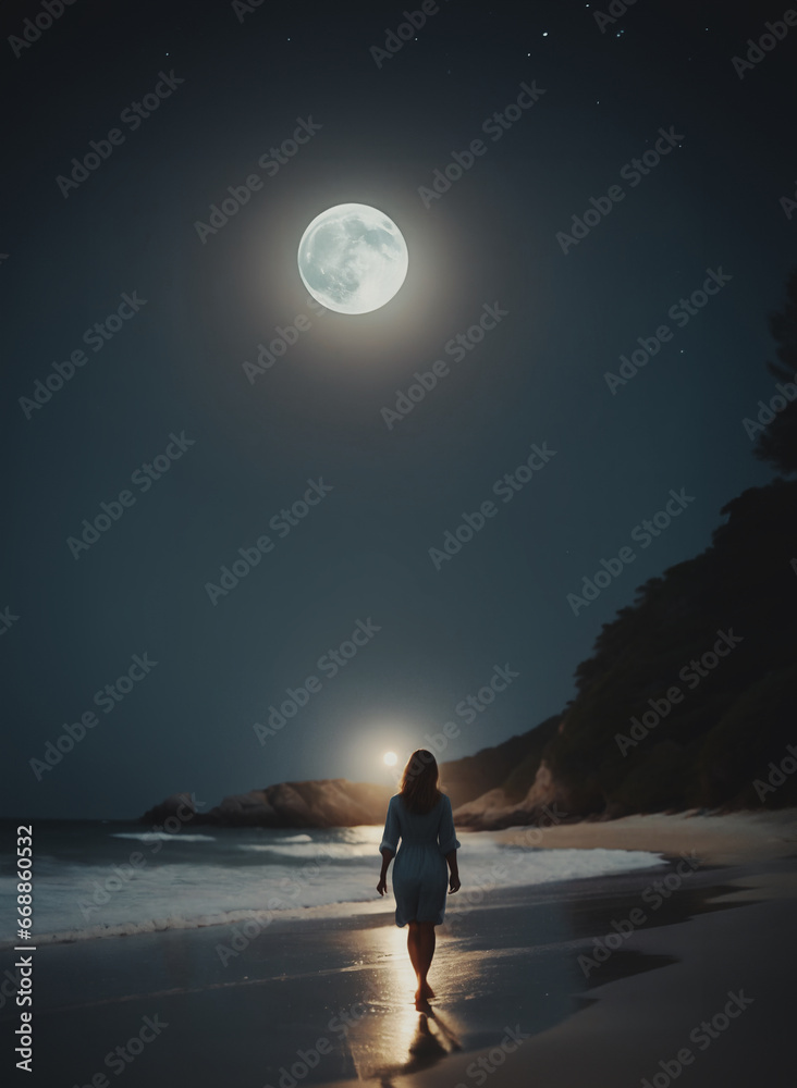 sagoma di donna vista di spalle che cammina su una spiaggia deserta al chiarore di una grande luna piena, mare calmo, cielo limpido - obrazy, fototapety, plakaty 