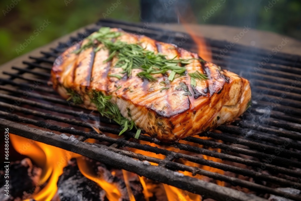swordfish steak smoking on grill over charcoal swordfish steak smoking on grill over charcoal