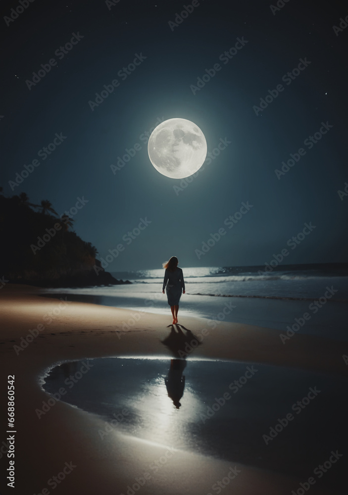 donna vista di spalle che cammina su una spiaggia deserta al chiarore di una grande luna piena, mare calmo, cielo limpido - obrazy, fototapety, plakaty 