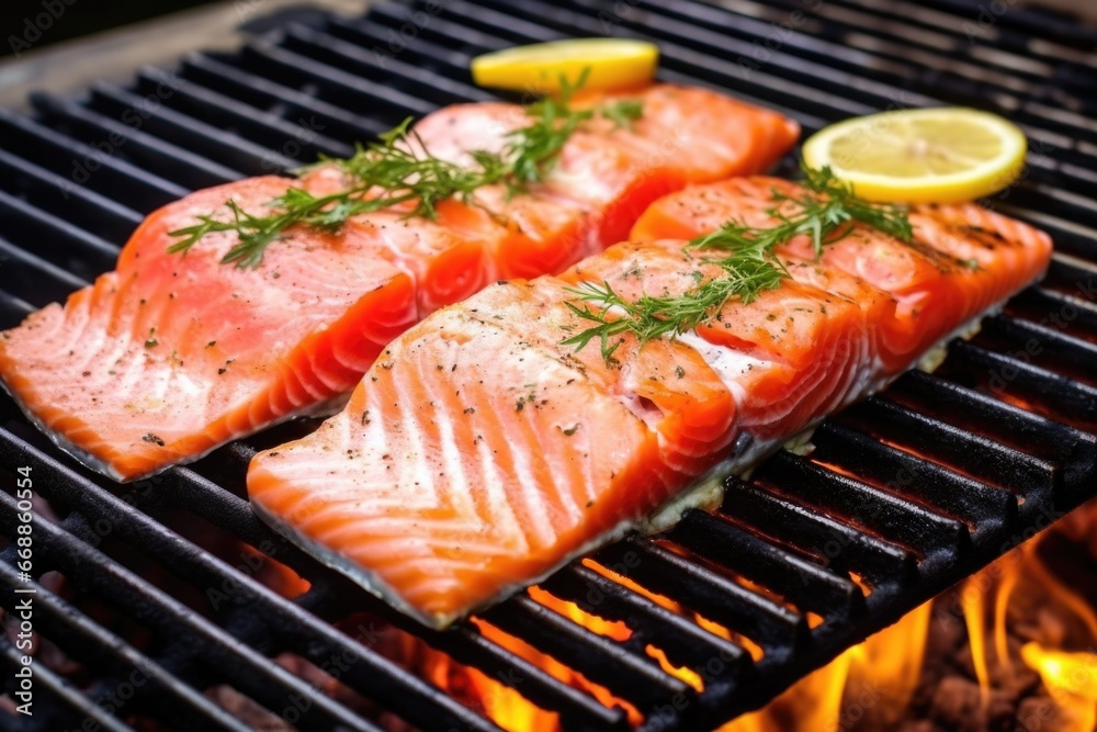 fresh salmon fillet on a charcoal grill, ready to serve fresh salmon fillet on a charcoal grill, ready to serve