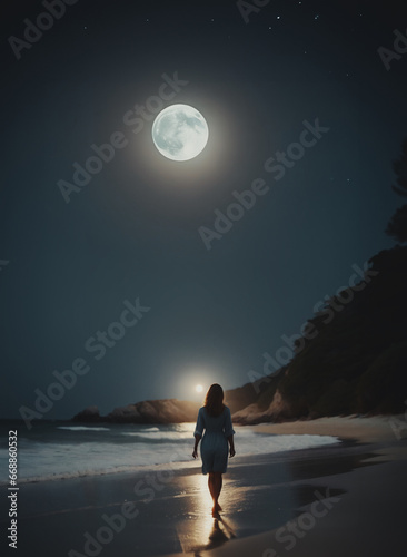 sagoma di donna vista di spalle che cammina su una spiaggia deserta al chiarore di una grande luna piena, mare calmo, cielo limpido