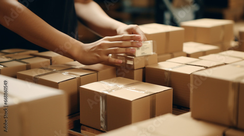 A close-up shot of a warehouse worker's hands expertly packing goods into boxes © Ricardo Costa