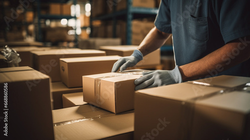 A close-up shot of a warehouse worker's hands expertly packing goods into boxes