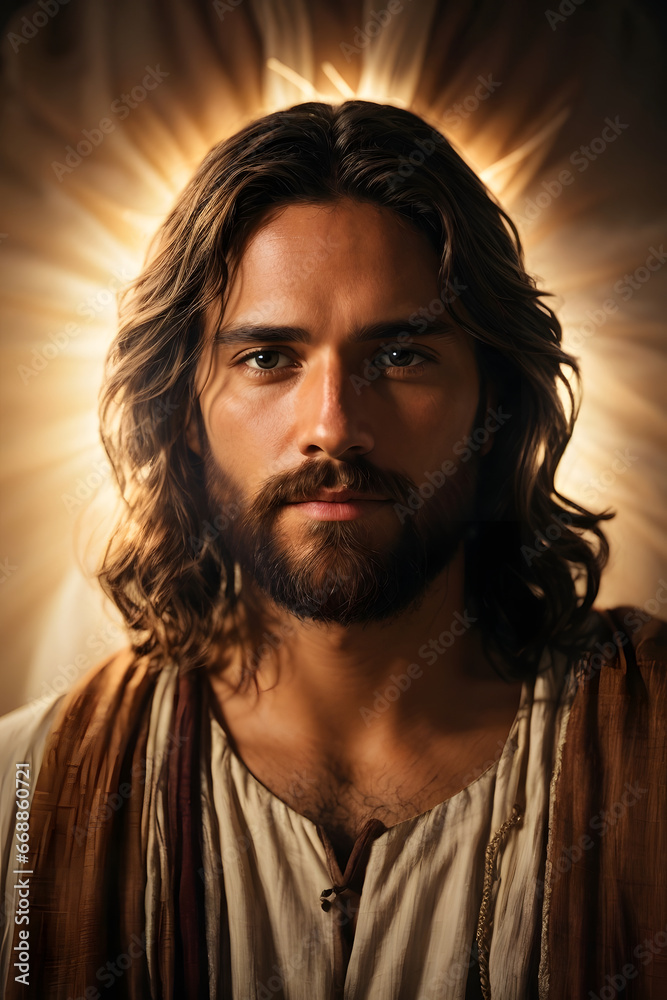 Close up of Jesus looking into the camera with a gentle smile. Halo glow behind his head. Close up of Jesus looking into the camera with a gentle smile. Halo glow behind his head.