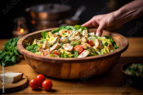 hand tossing chicken caesar salad in a wooden bowl