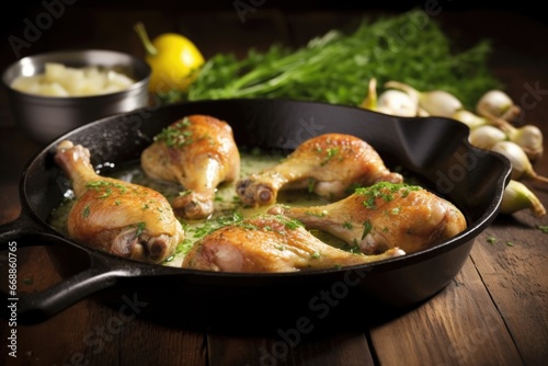 sizzling chicken legs in a pan with spluttering garlic butter