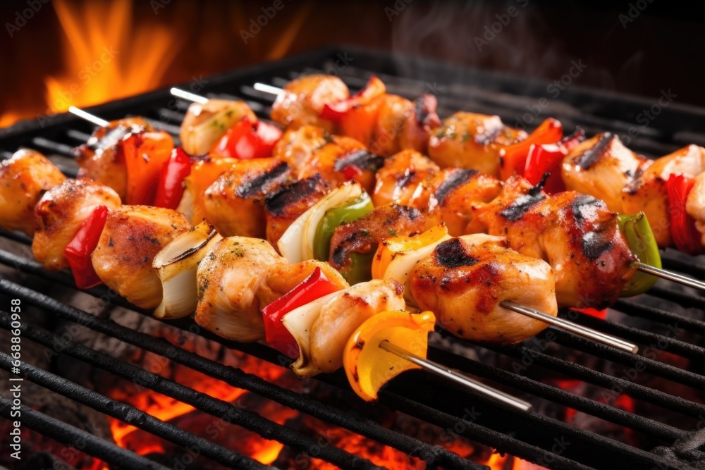 chicken skewers grilling on a barbecue with smoke
