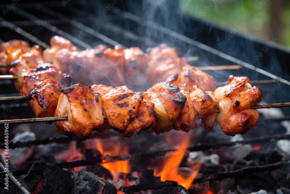 chicken skewers on a grill with charcoal underneath chicken skewers on a grill with charcoal underneath